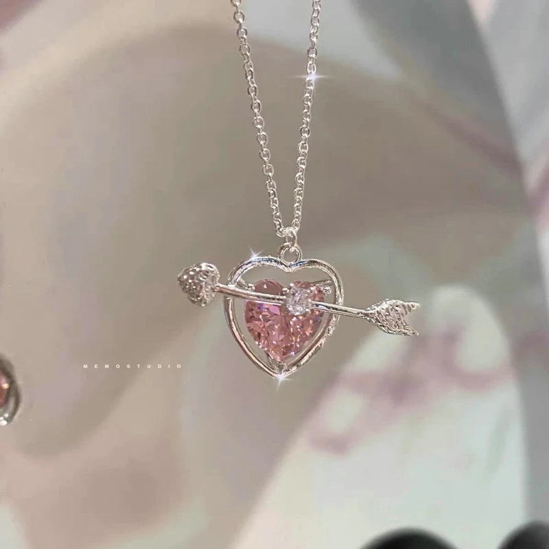 Fairy Pink Heart Crystal Arrow Pendant Necklace Y2K