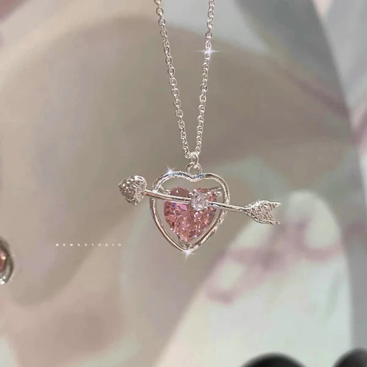 Fairy Pink Heart Crystal Arrow Pendant Necklace Y2K