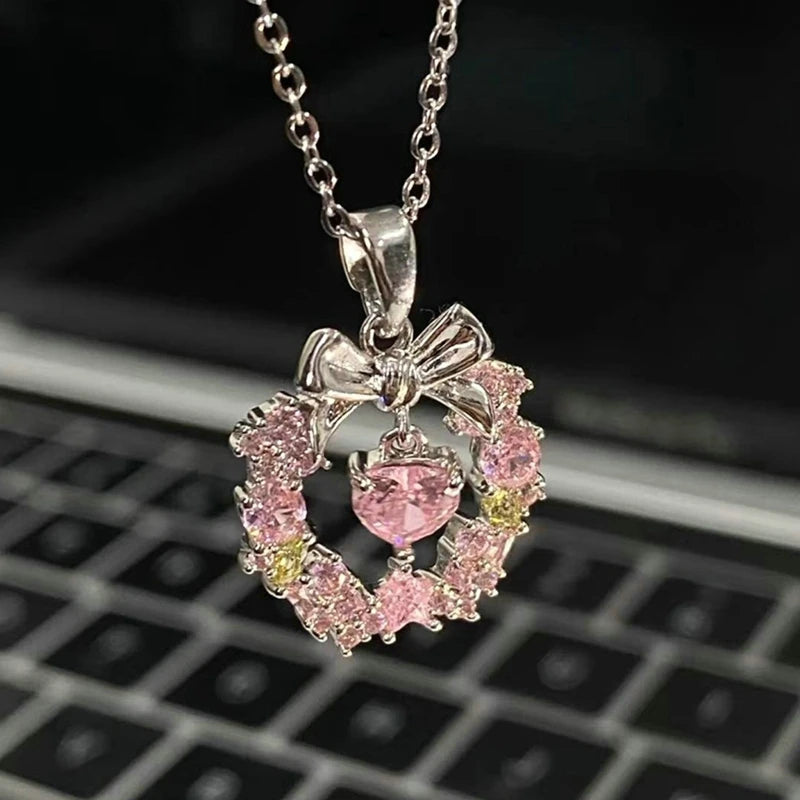 Fairy Pink Heart Crystal Arrow Pendant Necklace Y2K