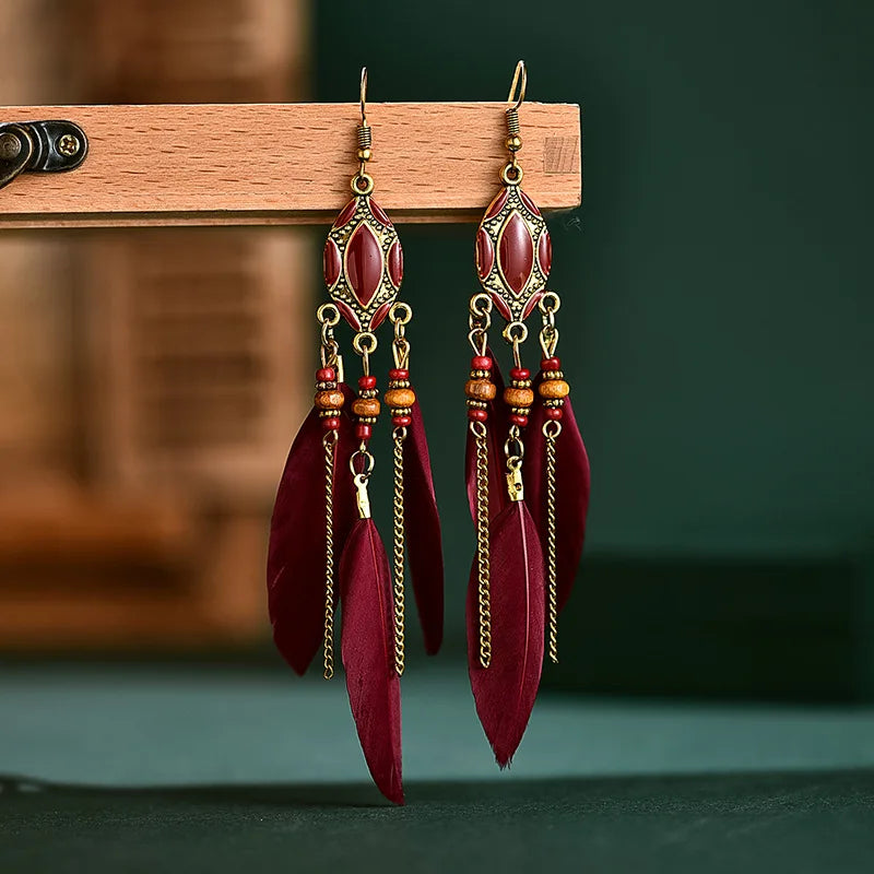 New Ethnic Long Feather Dangle Earrings For Women Bohemian