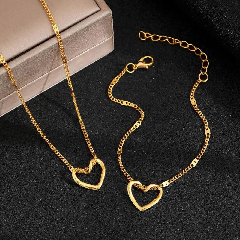 Simple Hollow Heart Pendant Necklace & Bracelet for Women