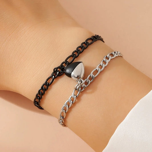 2Pcs Stainless Steel Heart Magnet Chain Bracelet Simple Heart Design