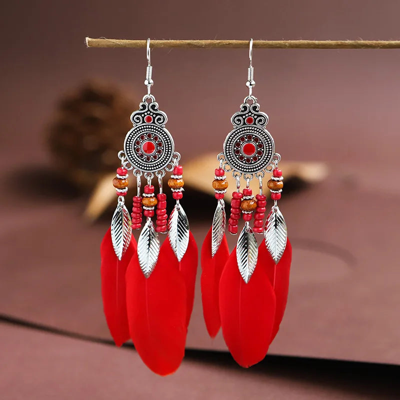 Bohemian Ethnic Feather Drop Earrings For Women