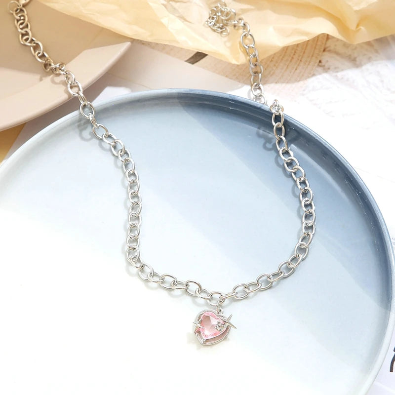 Y2K Girls Sweet Pink Crystal Heart Pendant Necklace