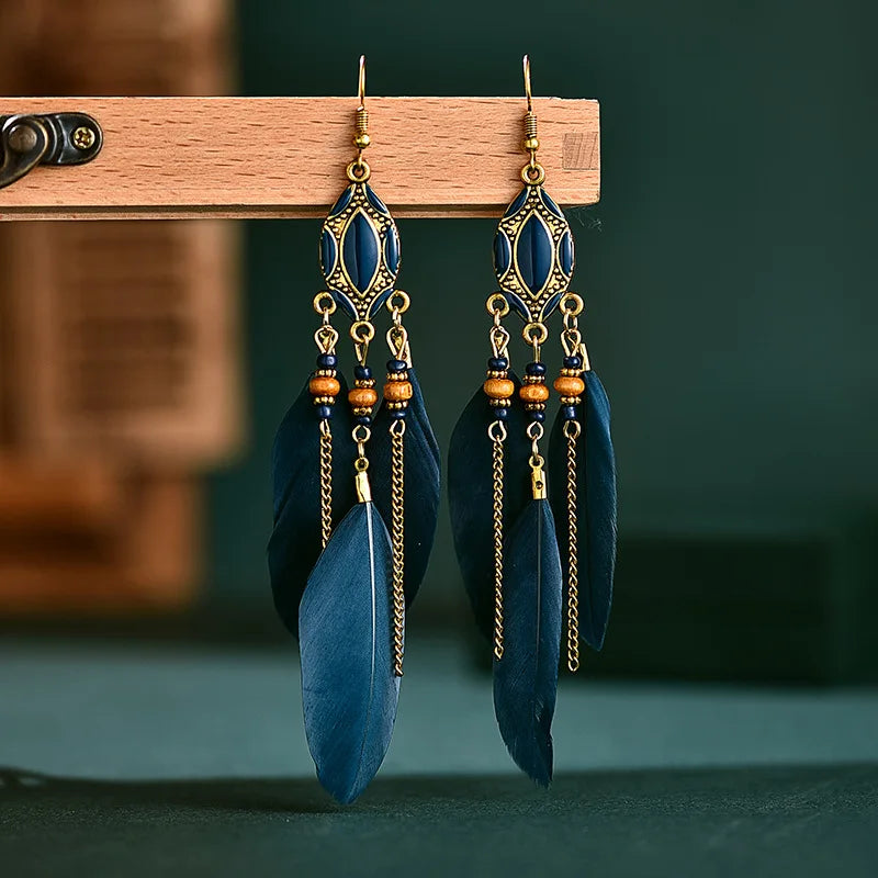 New Ethnic Long Feather Dangle Earrings For Women Bohemian