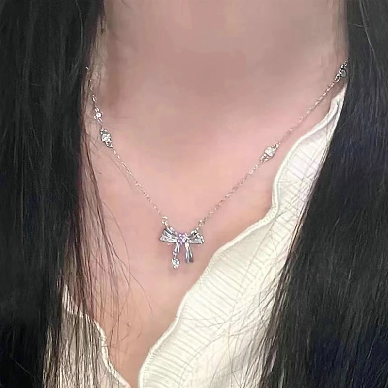 New Pink Zircon Bow Knot Pendant Necklace Y2K