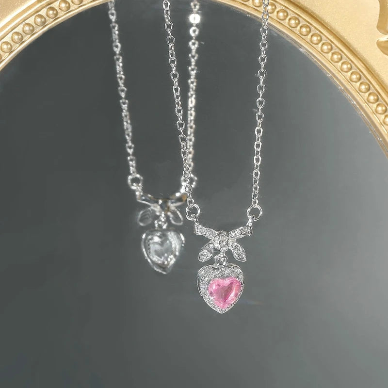 New Pink Zircon Bow Knot Pendant Necklace Y2K