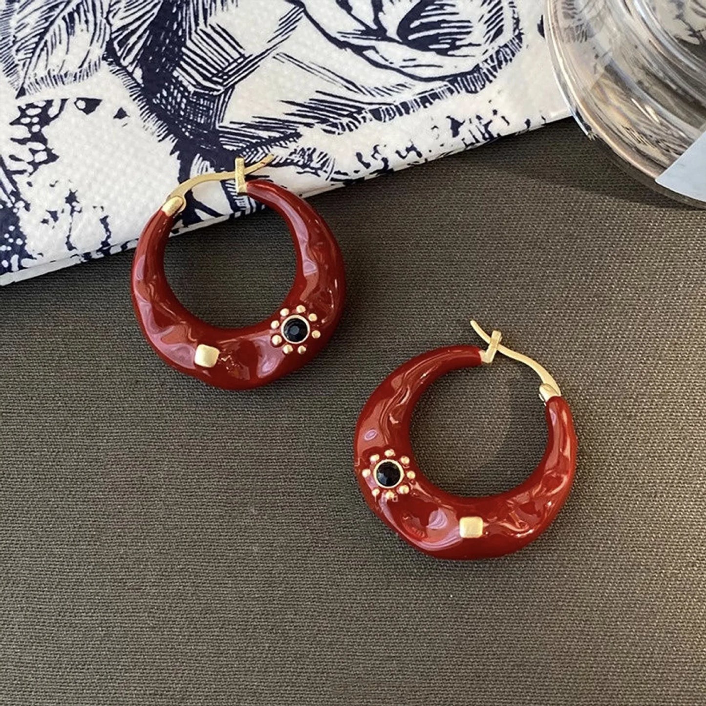 Vintage Black Enamel Drip Glaze Hoop Earrings