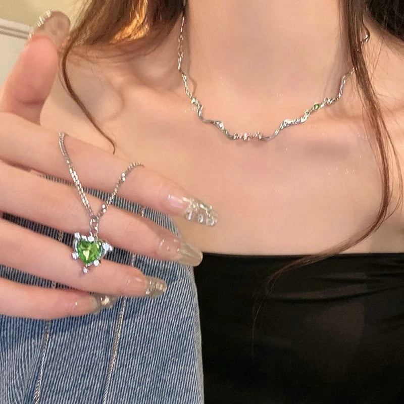 Green Crystal Heart Pendant Necklace