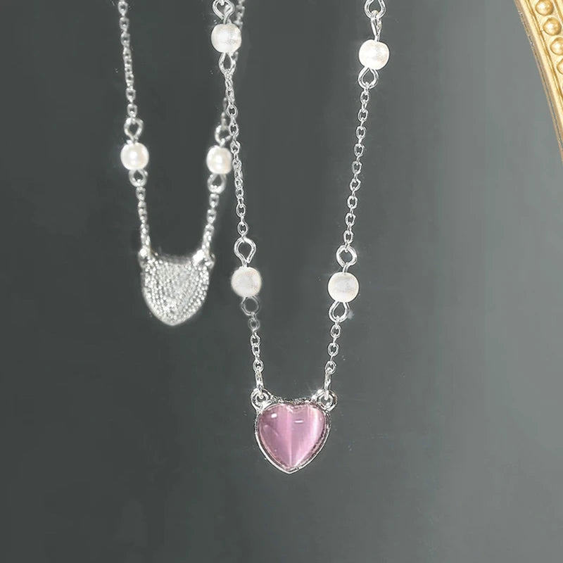 Fairy Pink Heart Crystal Arrow Pendant Necklace Y2K