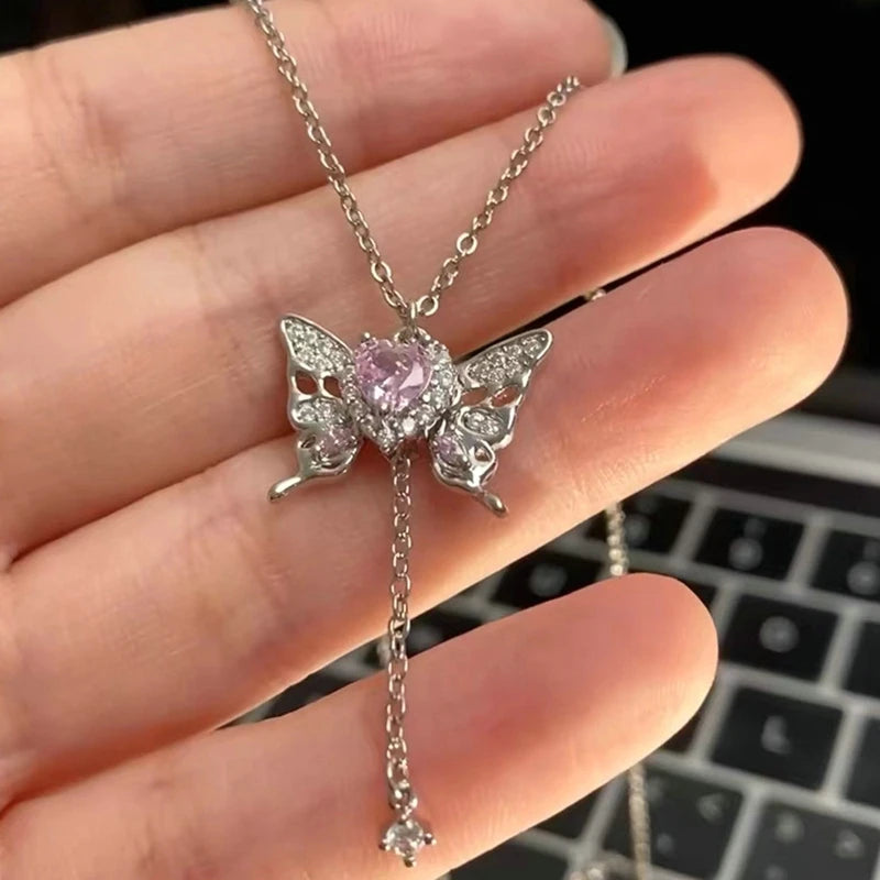 New Pink Zircon Bow Knot Pendant Necklace Y2K