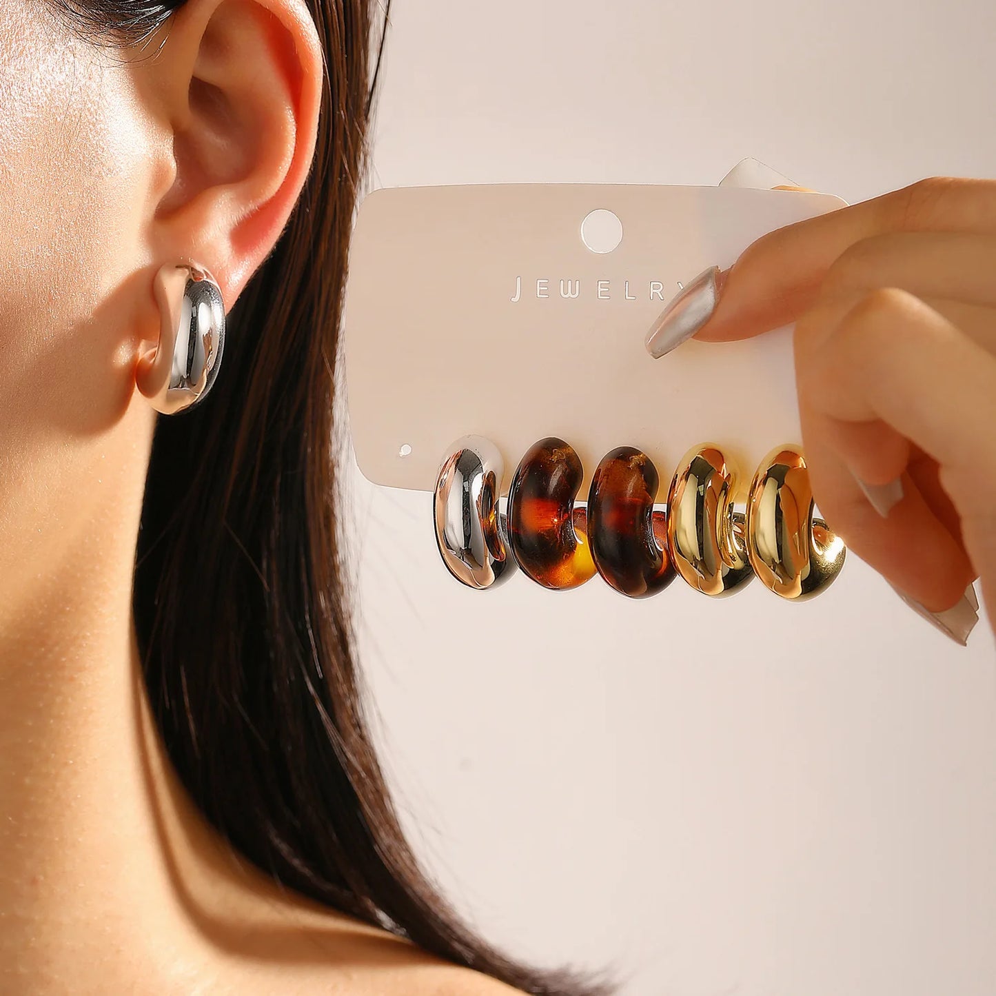 6Pcs/Set Classic Fashion Brown Resin Twist C Shape Hoop Earrings