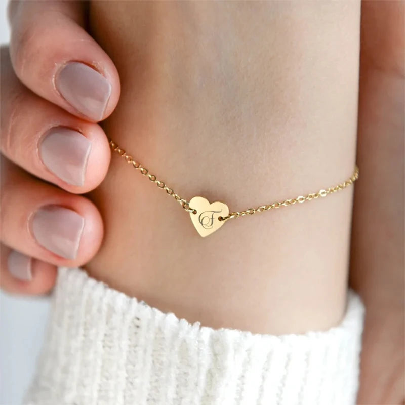 Engraved Name Love Bracelet Personalized Custom Letter A--Z Charm Heart