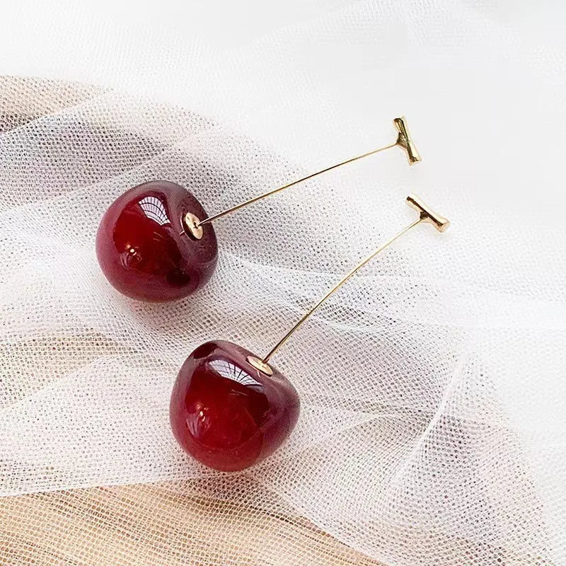 Korean Fashion Wine Red Cherry Drop Earrings For Women