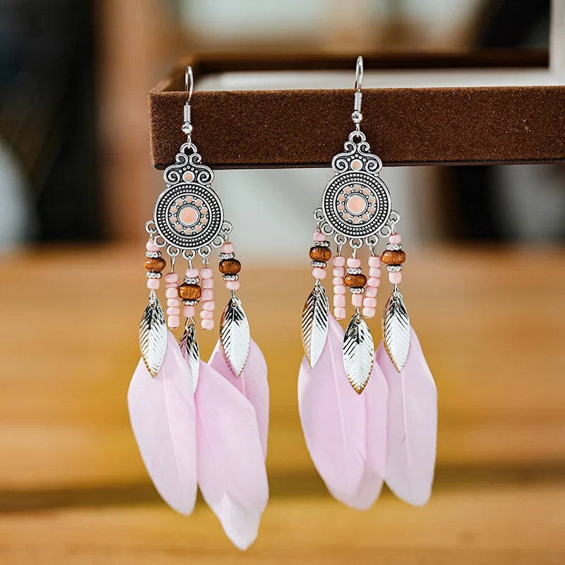 Bohemian Ethnic Feather Drop Earrings For Women