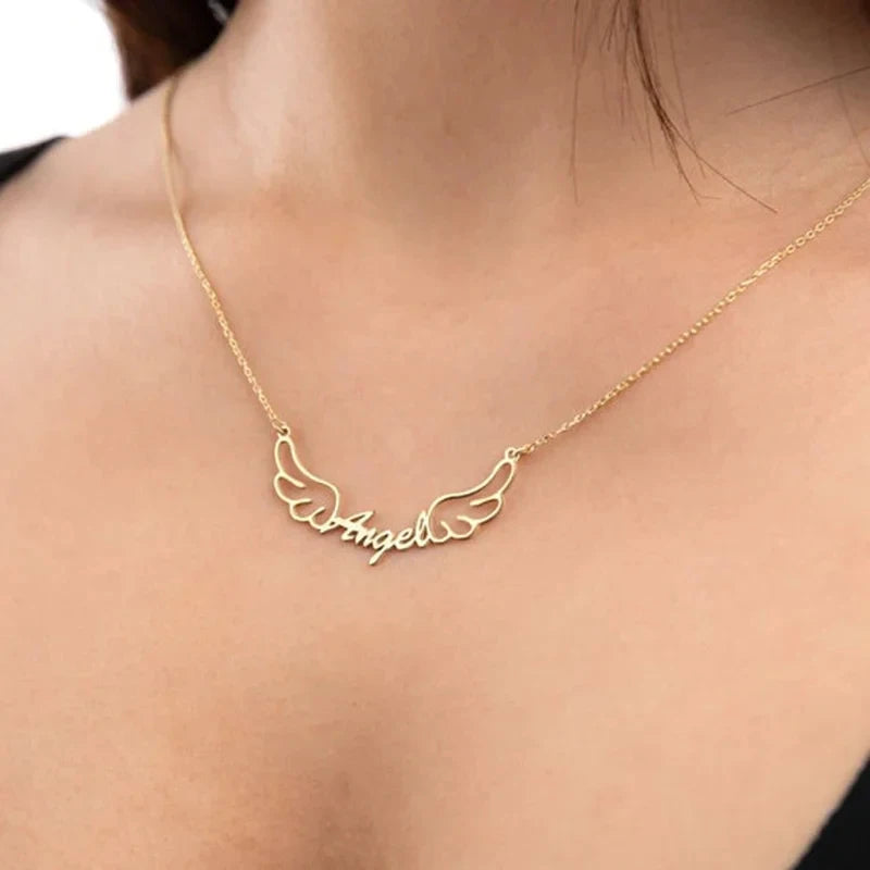 Personalized Name Angel Wing Gold Necklace.