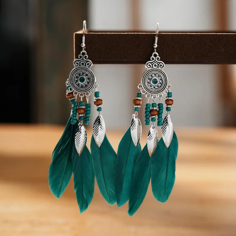 Bohemian Ethnic Feather Drop Earrings For Women