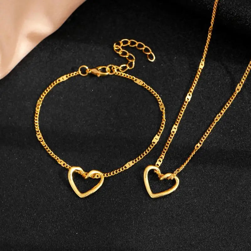 Simple Hollow Heart Pendant Necklace & Bracelet for Women