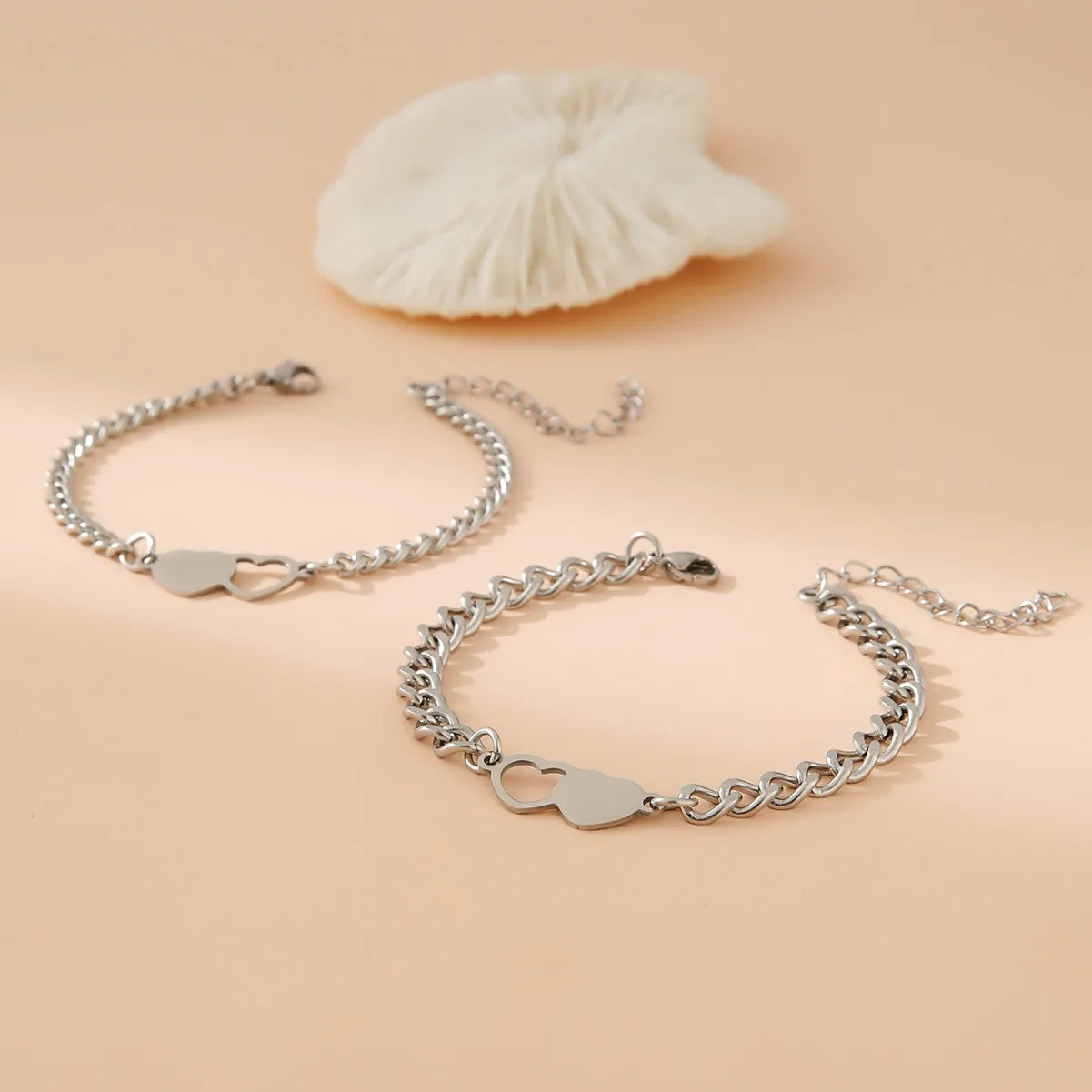 2Pcs Stainless Steel Cuban Chain Bracelet Simple Heart Design