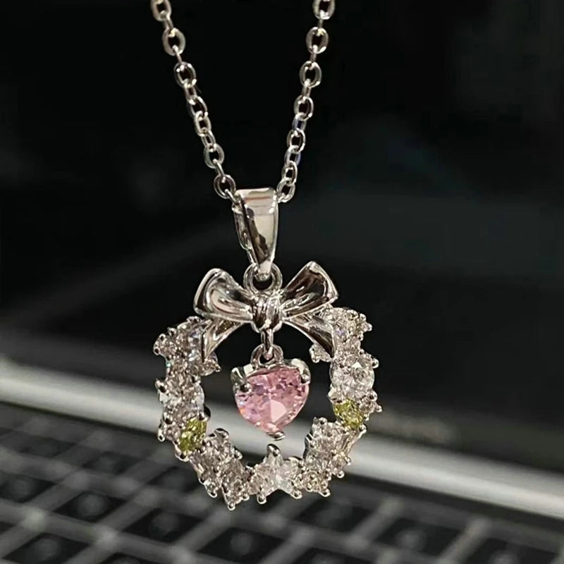 Fairy Pink Heart Crystal Arrow Pendant Necklace Y2K